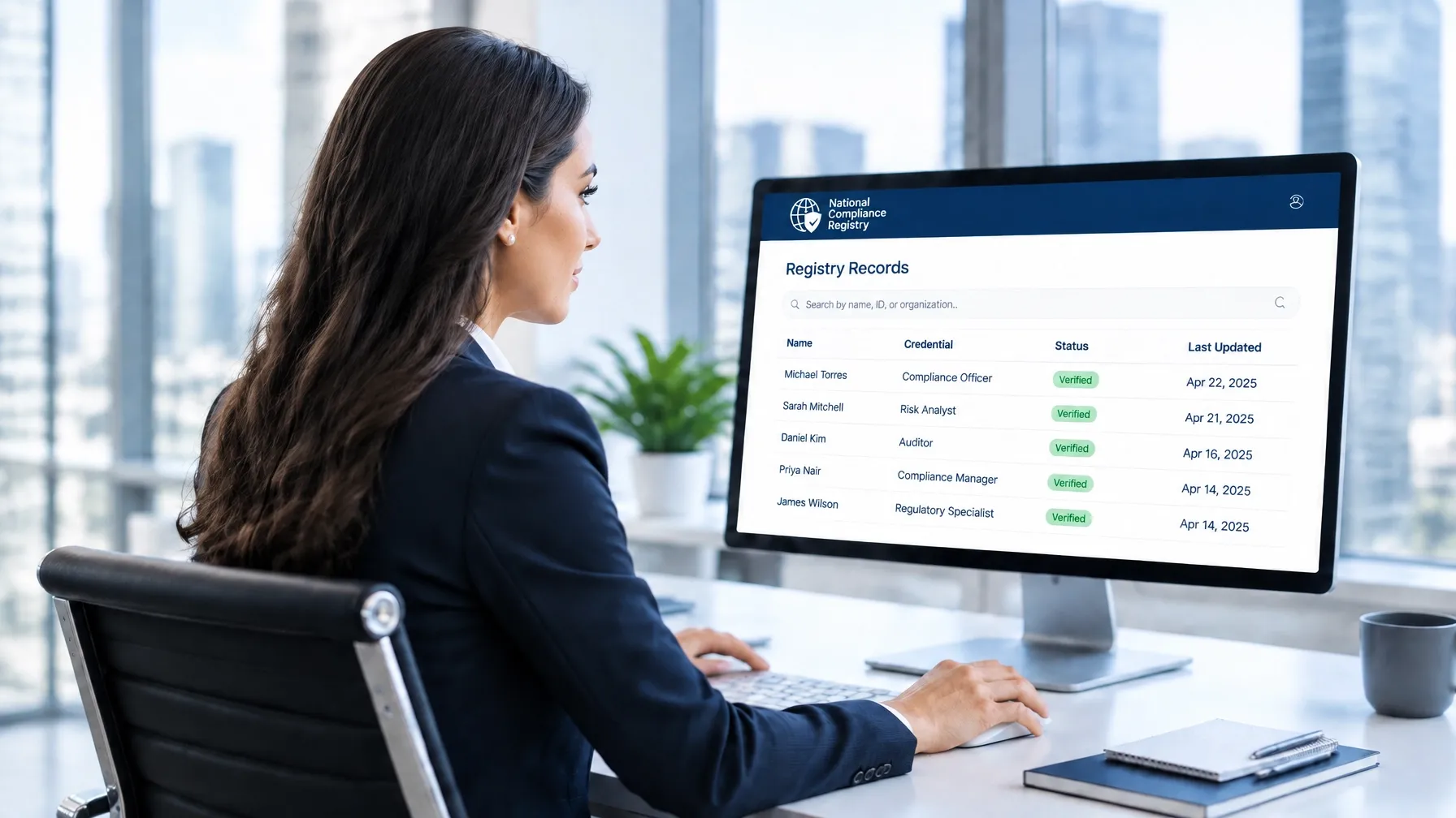 A young professional woman with long dark hair in a business suit reviewing secure registry records on a monitor in a bright modern office